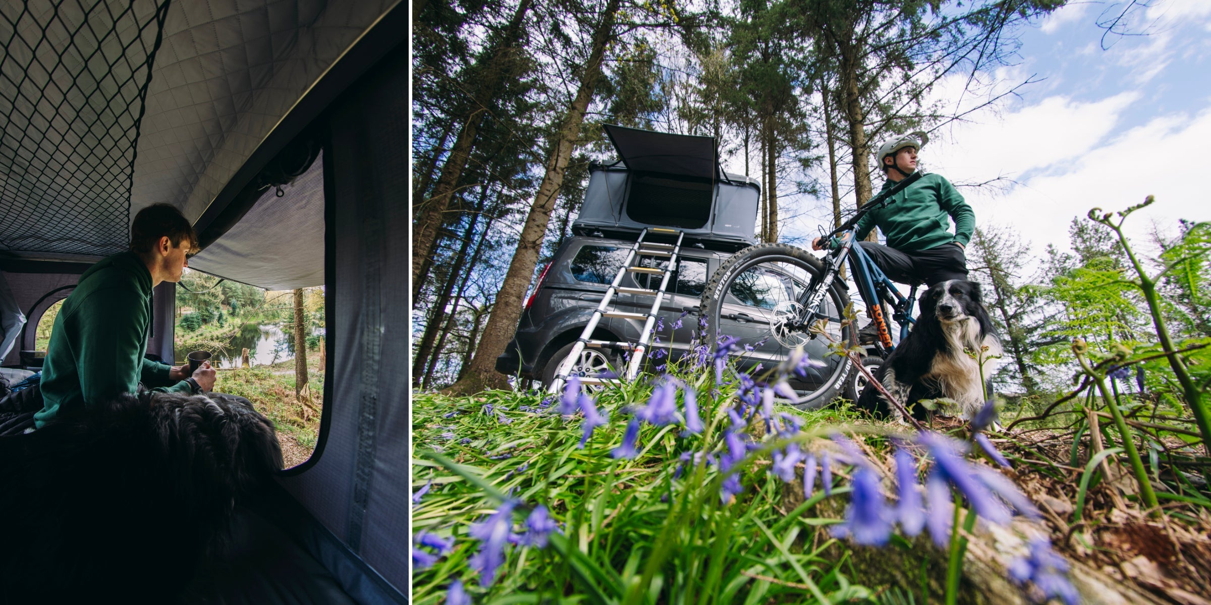 Mountain biker next to a roof tent