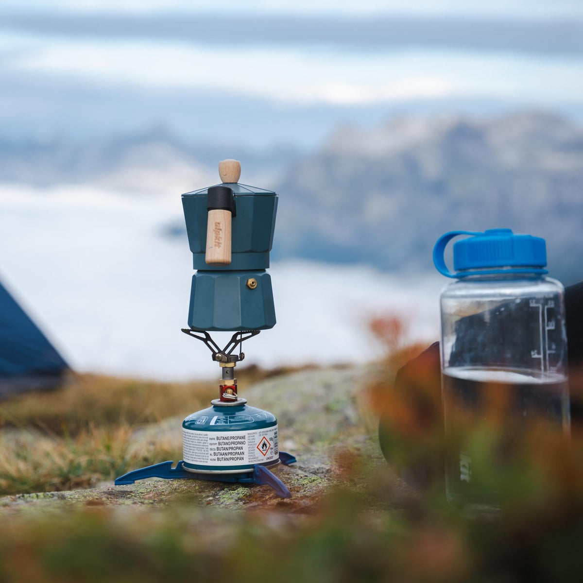 Alpkit Kraku camping stove heating a MyMokka coffee pot - closed