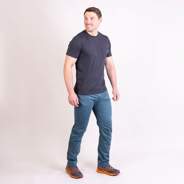 alpkit mens bloc pants for climbing in spruce green outfit|aj
