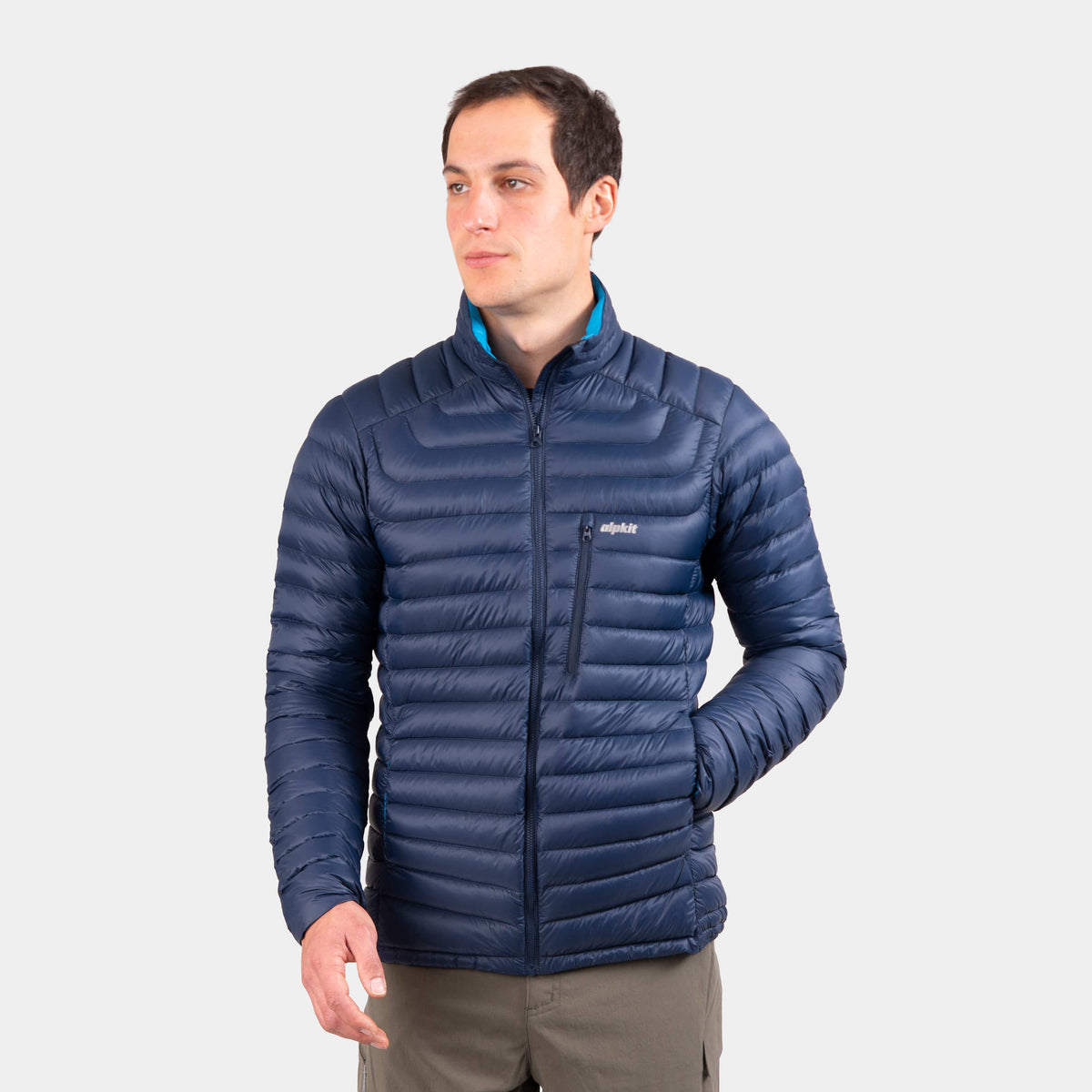 alpkit halogen mens ultralight down jacket in outer space blue - closed