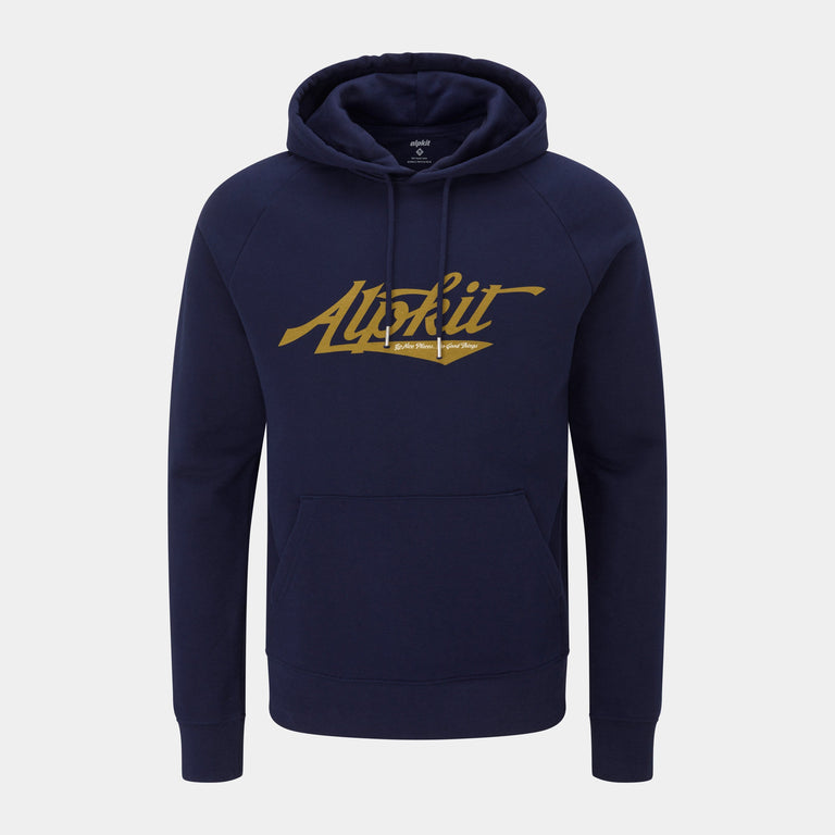A navy blue hooded sweatshirt with a red 'Alpkit' logo on the front.