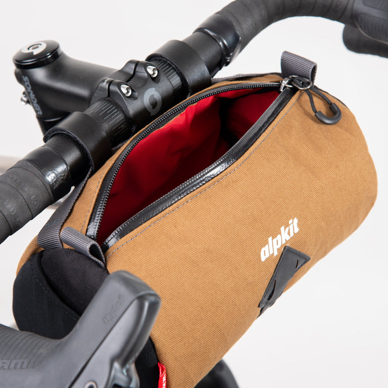 alpkit toploader zipped handlebar bag in mountain brown