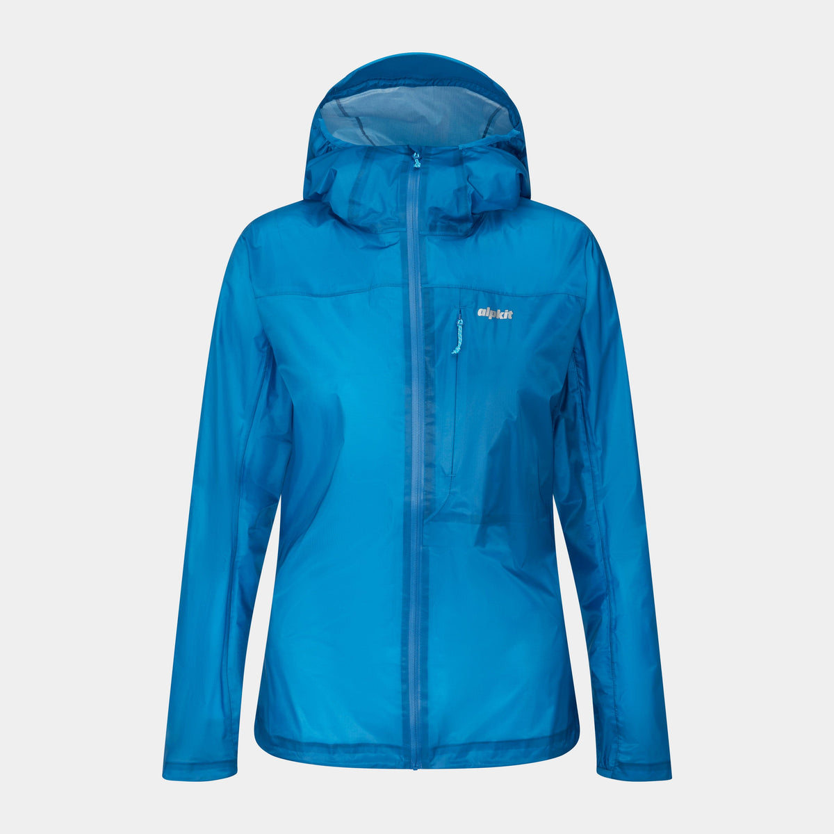 Blue rain jacket on a light gray background