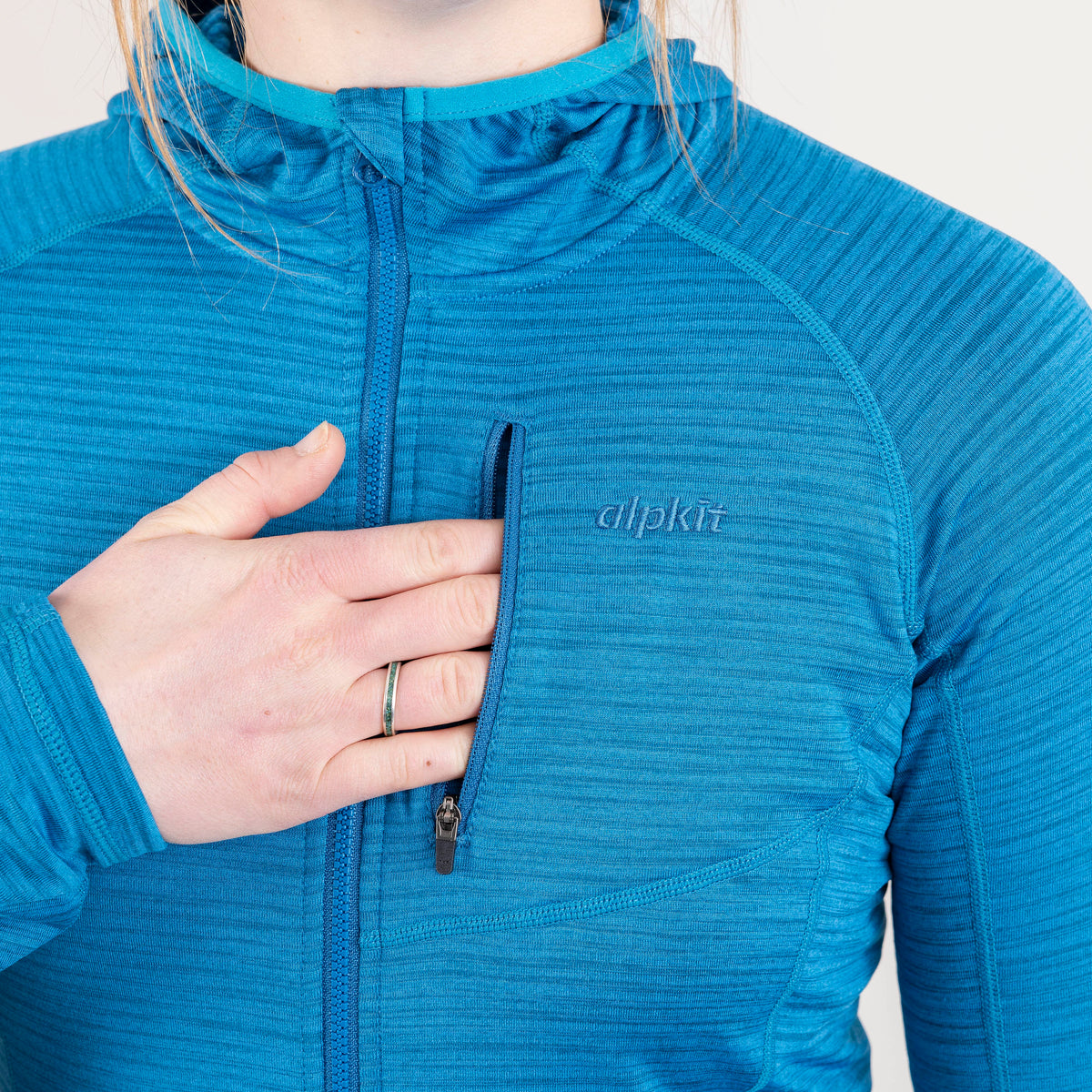womens griffon hooded fleece in reef blue chest pocket |rg