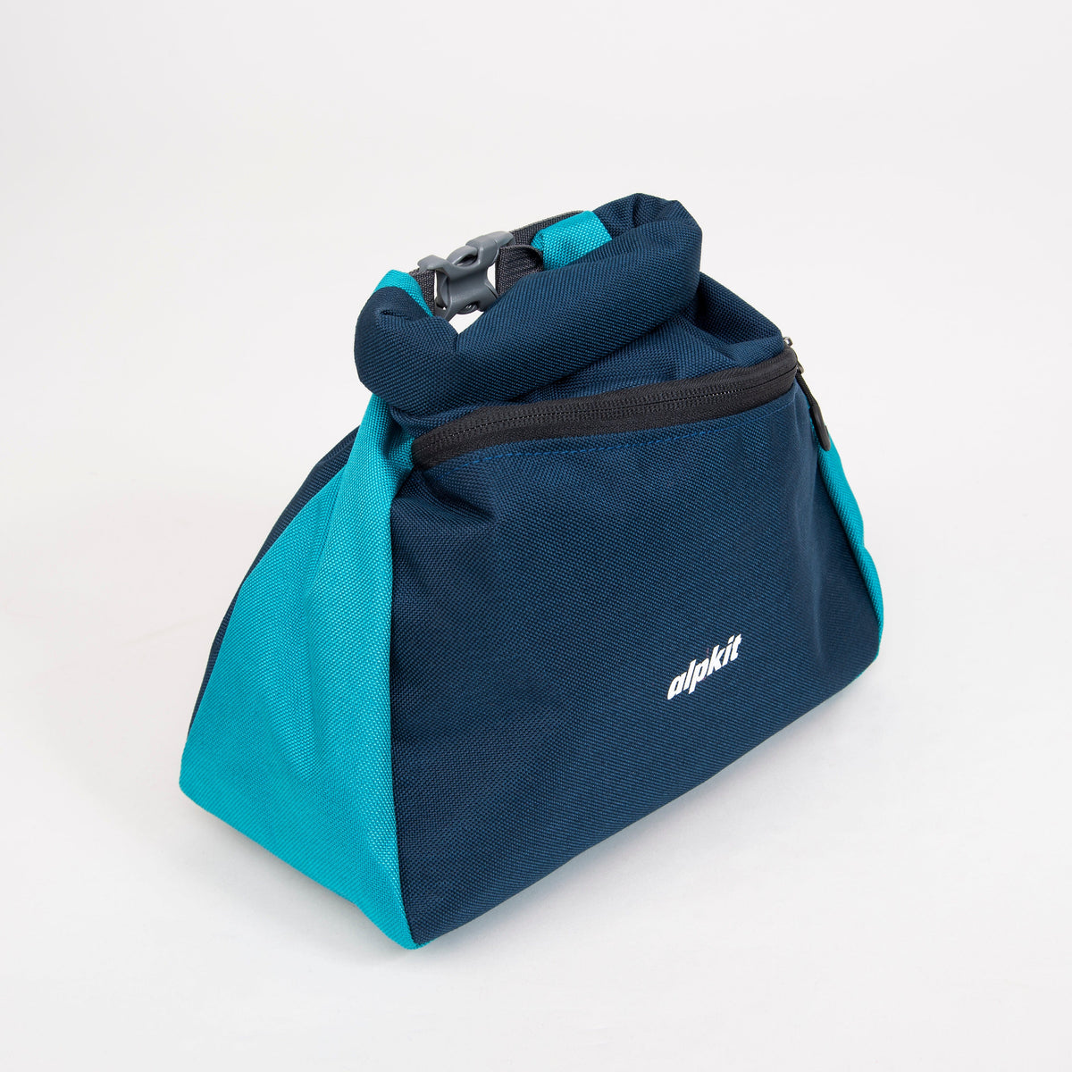 alpkit boulder bucket chalk bag in blue lagoon roll top
