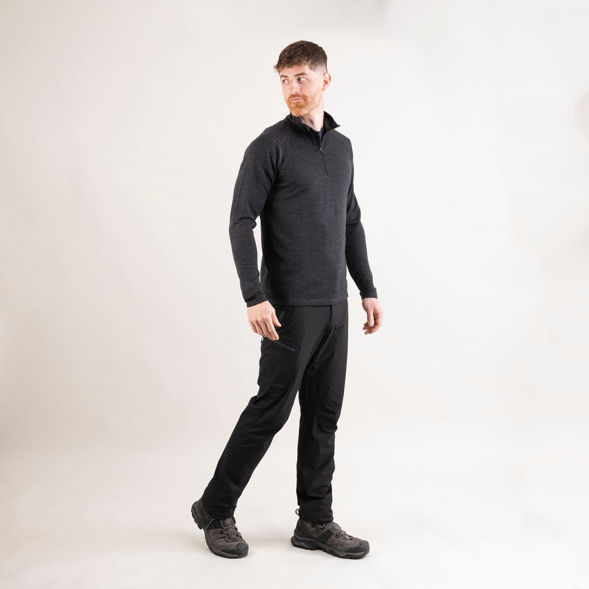 alpkit mens Milford merino mid layer in charcoal black outfit
