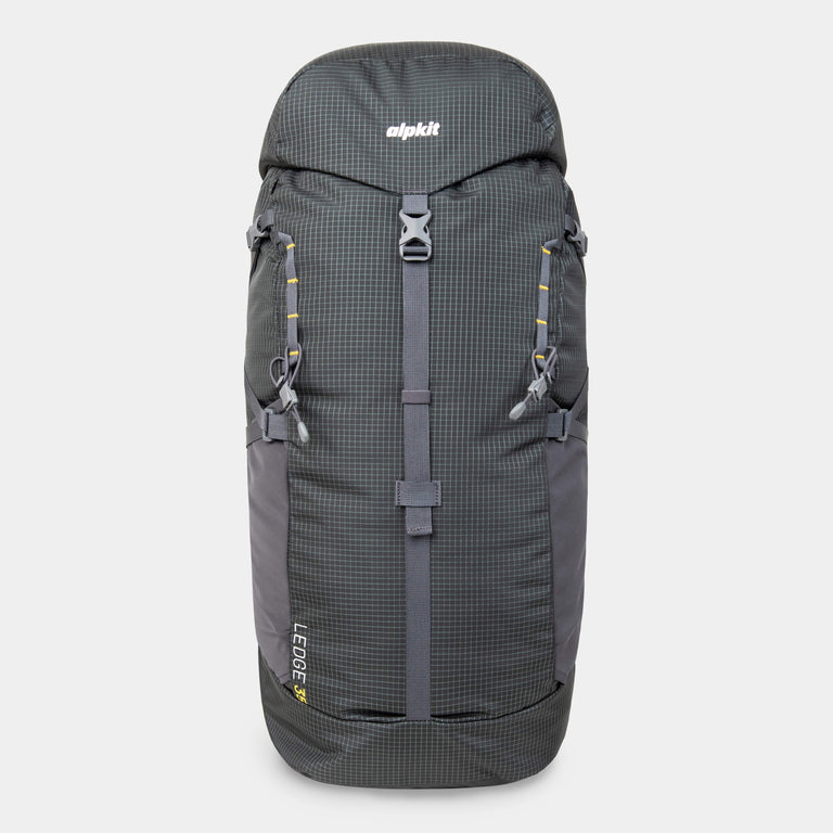 alpkit ledge 35L back pack in dark grey front - closed