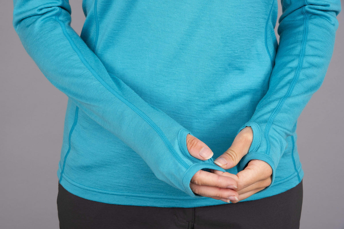 womens Kepler long sleeve merino baselayer in surf sleeves
