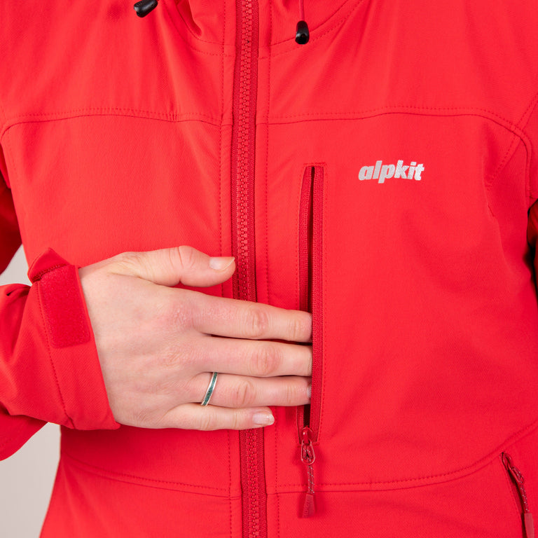 alpkit womens resolute softshell jacket in memo blue cuff - closed