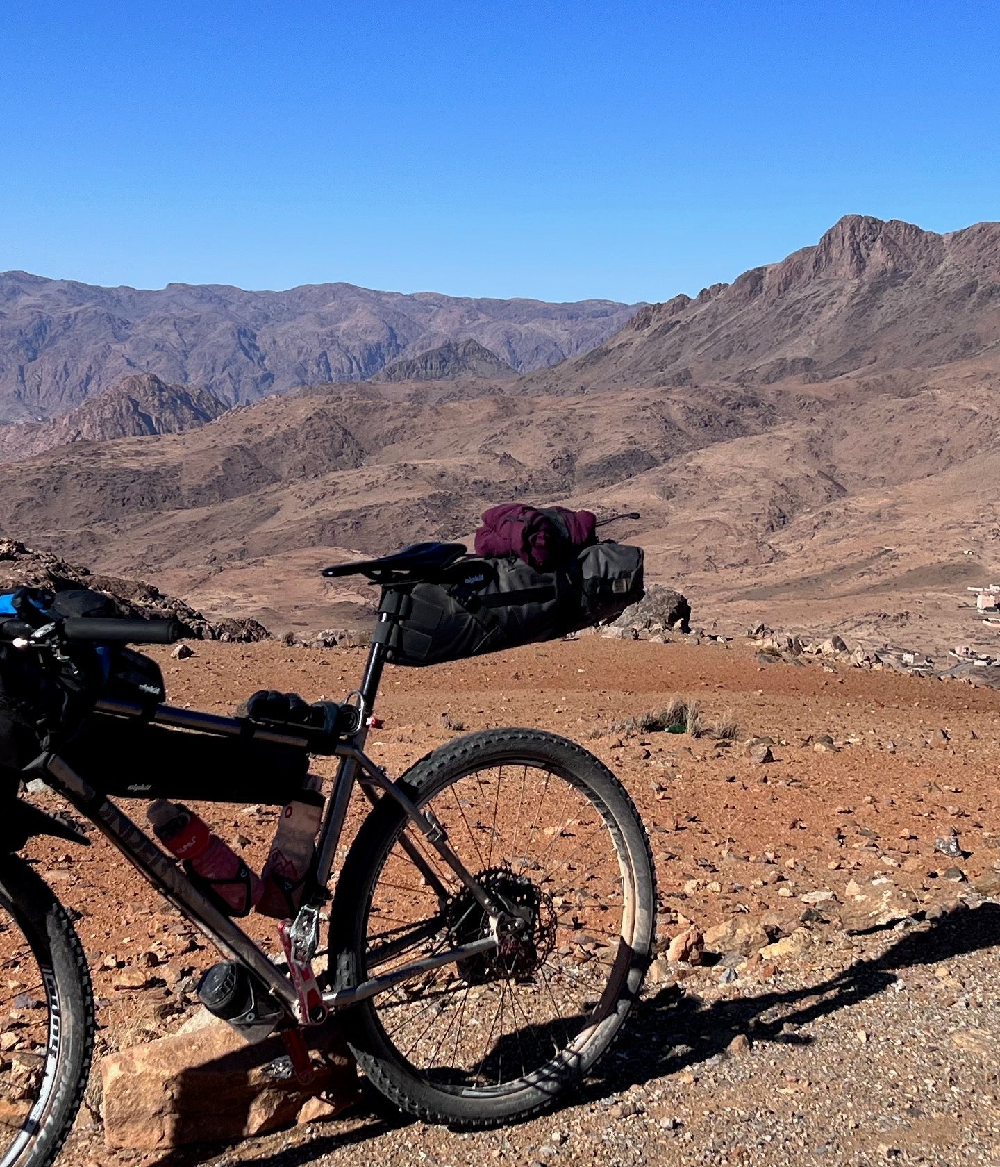 Titanium hardtail mountain bike with bike luggage