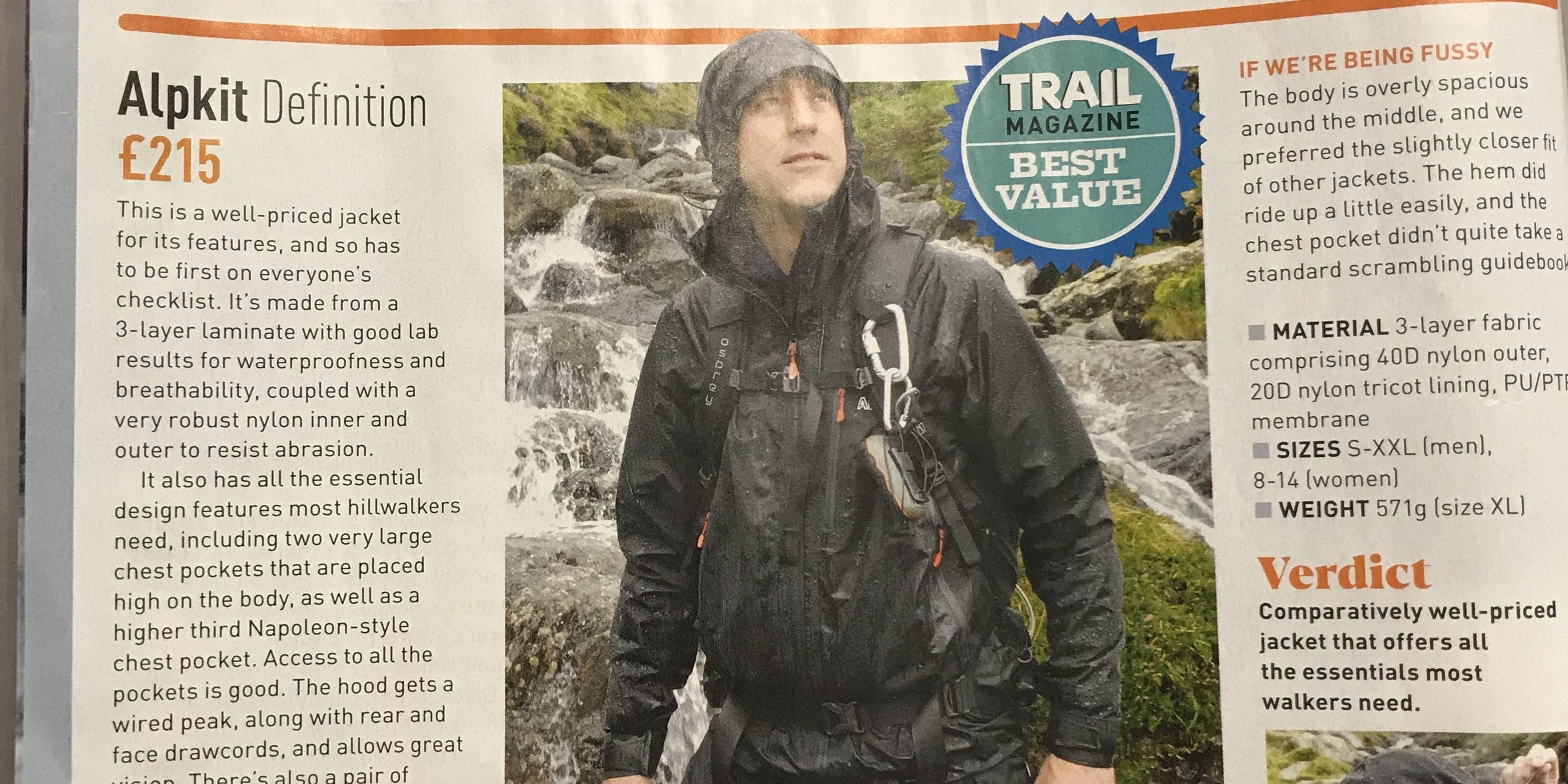 The Alpkit Definition wins 'Best Value' in Trail's Waterproof Jacket group test.