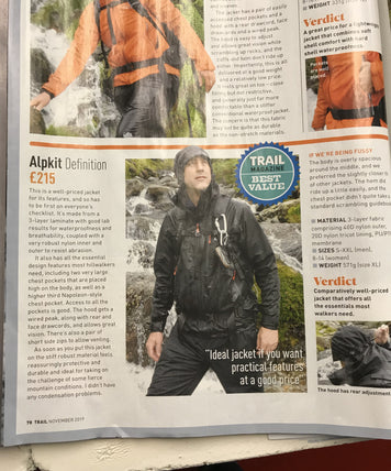 The Alpkit Definition wins 'Best Value' in Trail's Waterproof Jacket group test.