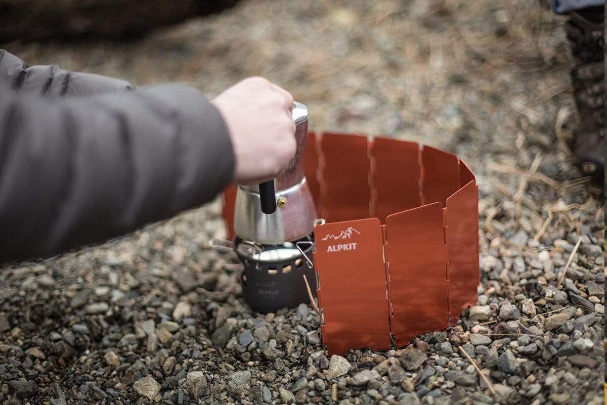 Meths stove and windshield for simple camp cooking