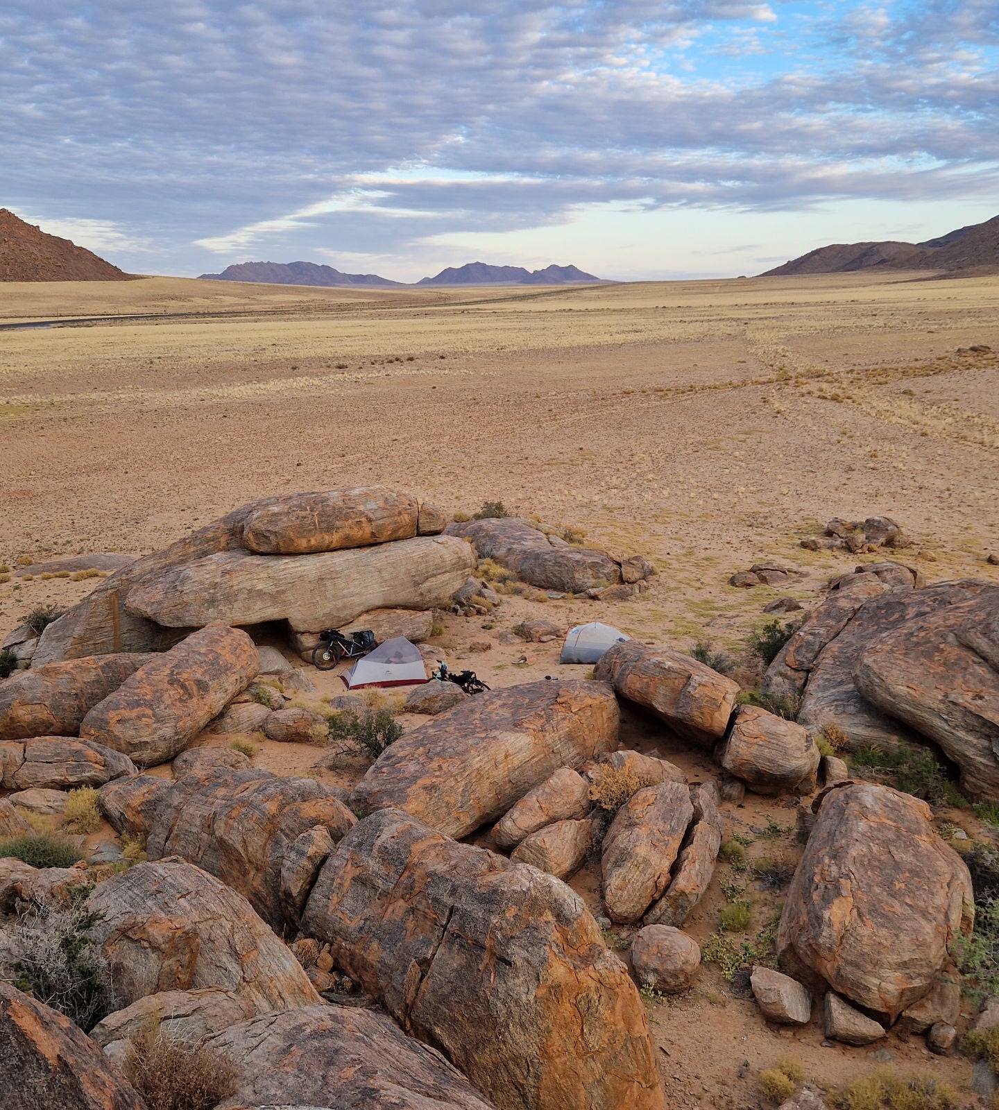 Remote wild campsite cycle touring in Africa