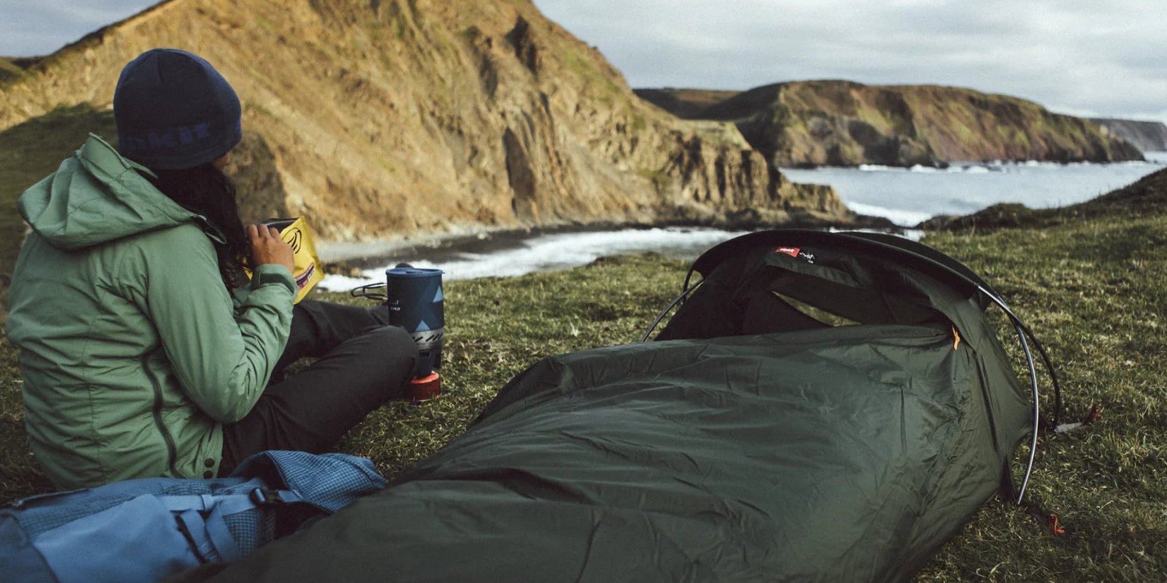 Elan hooped bivvy on a cliff top in North Wales