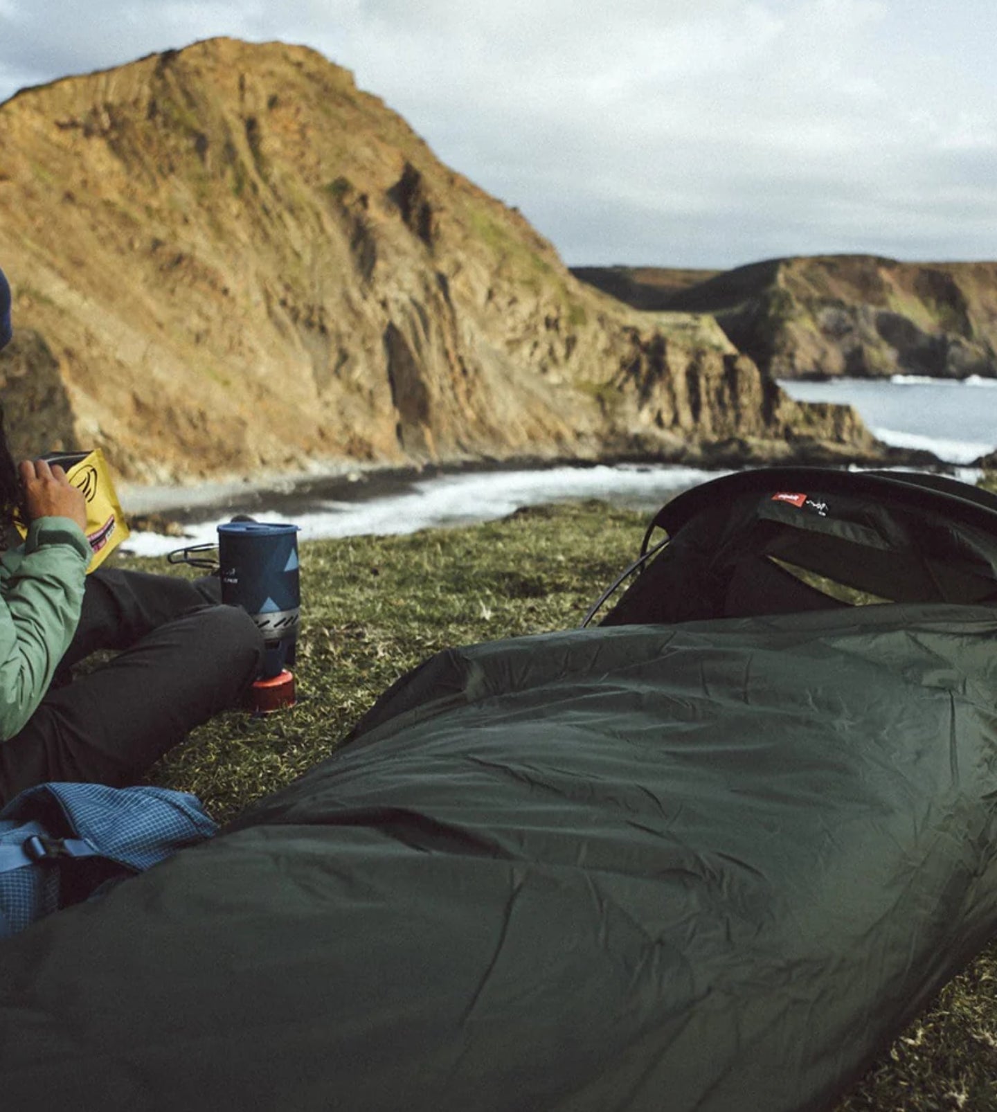 Elan hooped bivvy on a cliff top in North Wales