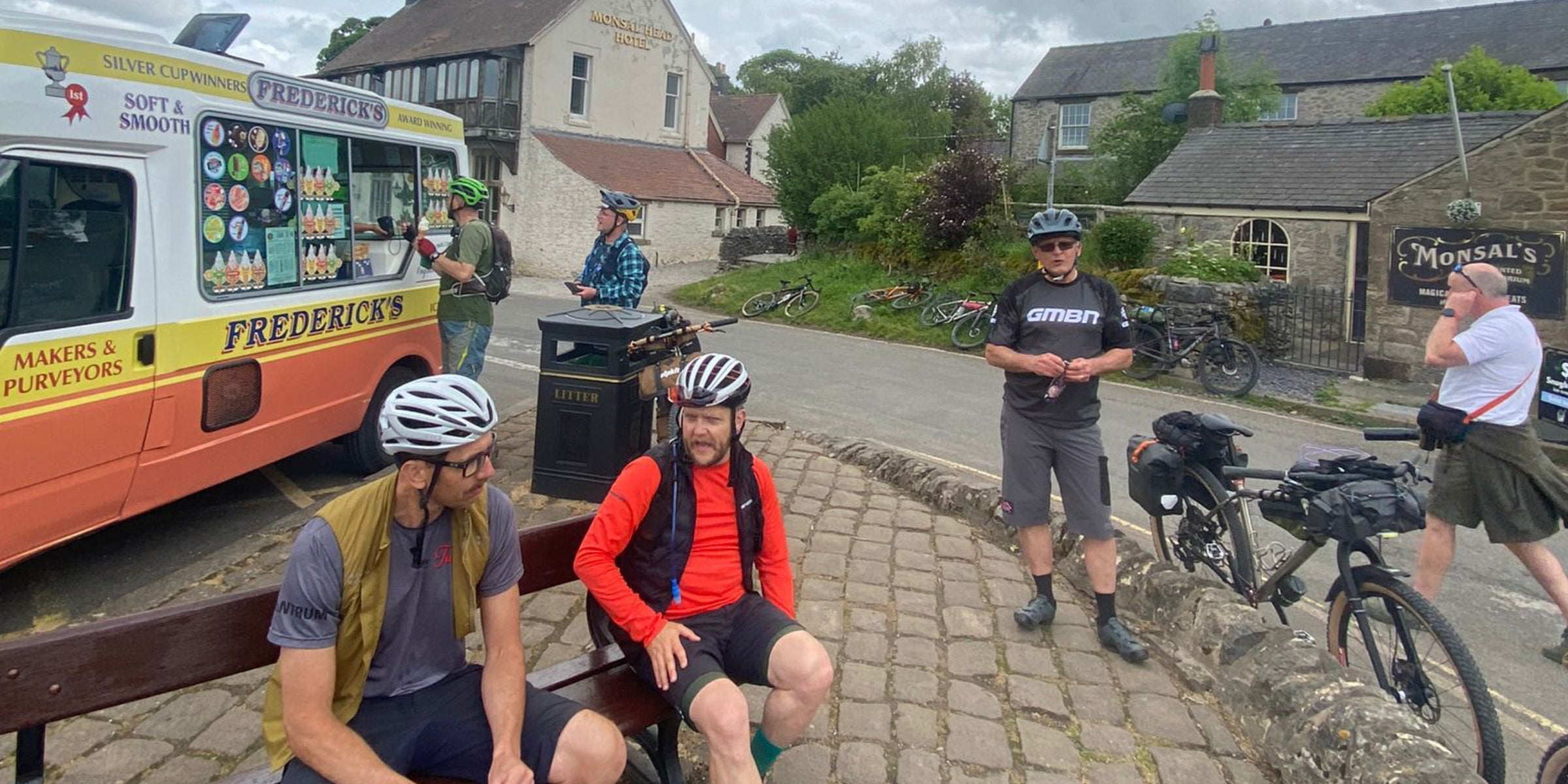 Bikepackers enjoying ice cream on the Monsal Trail