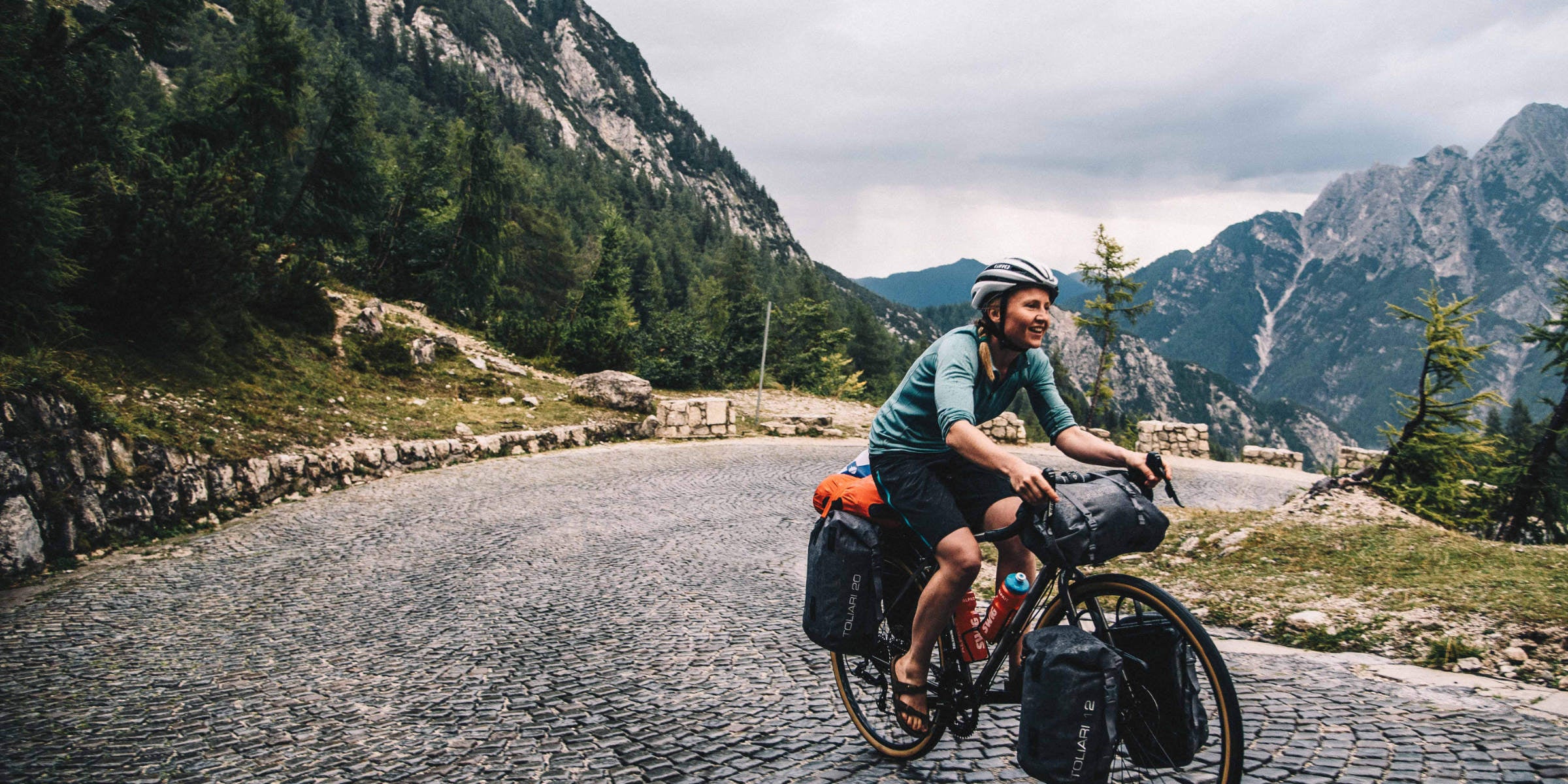 Dropbar steel touring bike loaded with panniers