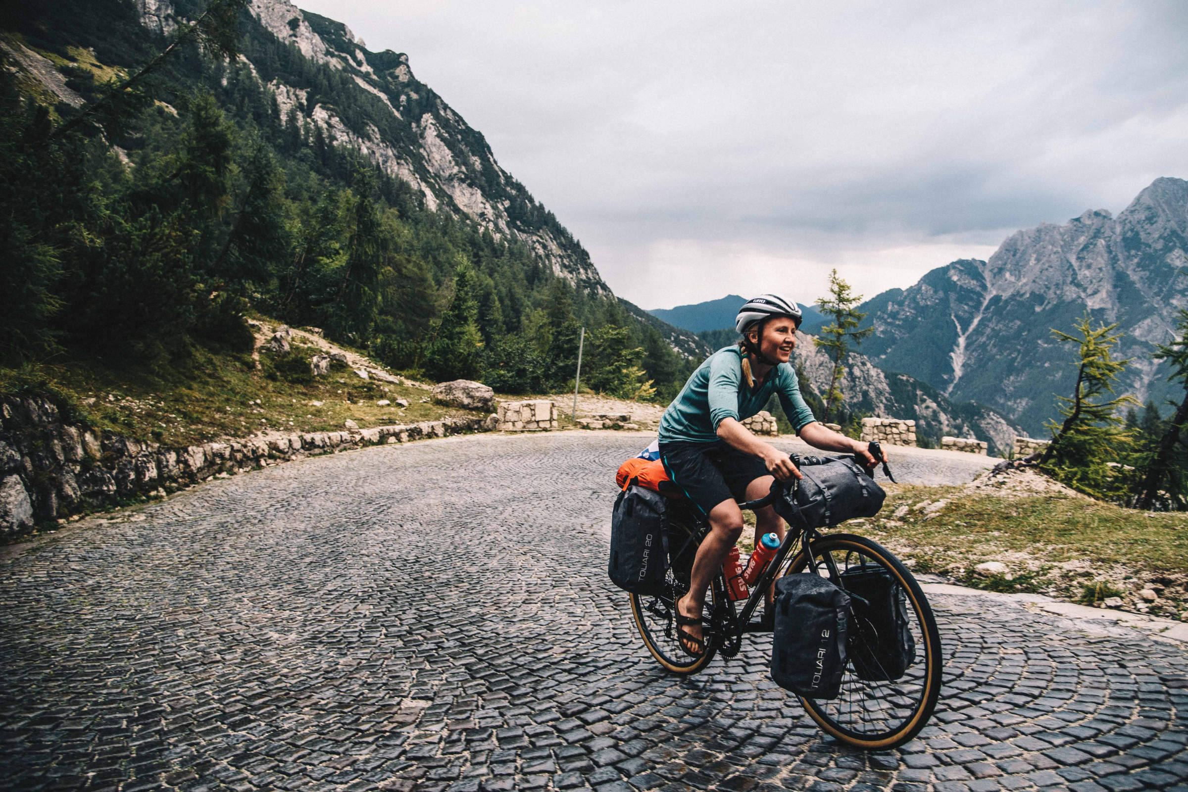 Dropbar steel touring bike loaded with panniers
