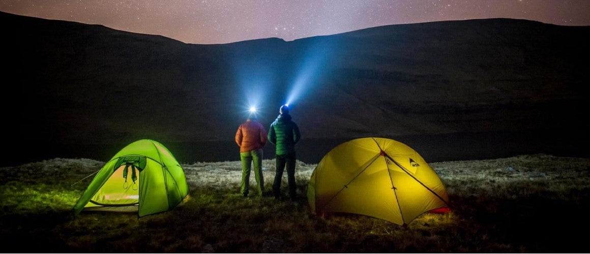 LED headtorches light up backpacking tents in the dark