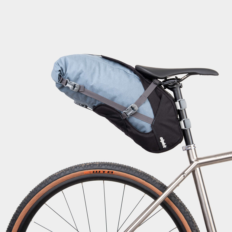 alpkit big papa 17 litre seatpack for bikepacking in storm grey