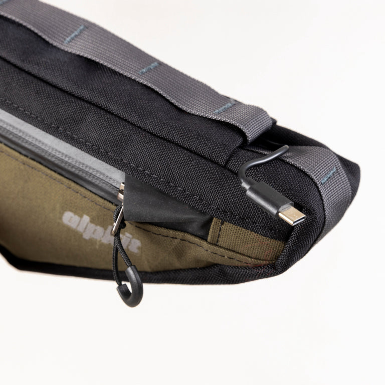 alpkit billie framebag in olive green cable port - closed