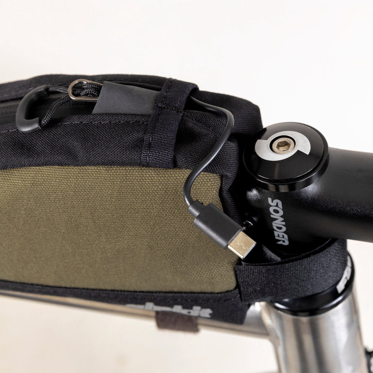 alpkit fuel pod top tube bag cockpit bag in olive green logo cable port