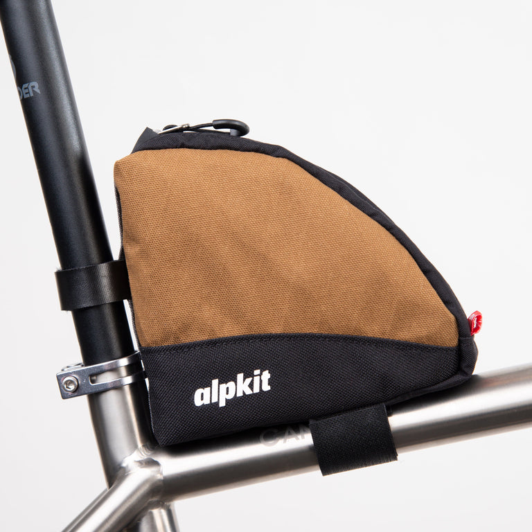 alpkit fuel pod rear bikepacking bag in mountain brown side - closed