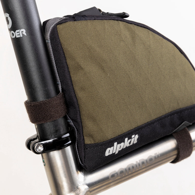 alpkit fuel pod rear bikepacking bag in olive green logo