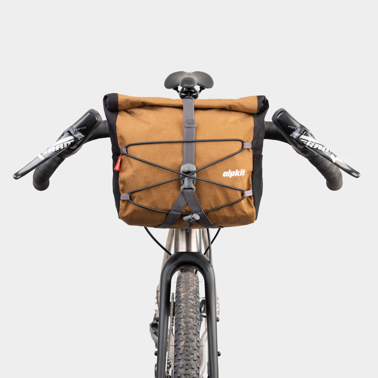 alpkit gravel bag handlebar bag for drop bars in mountain brown - closed