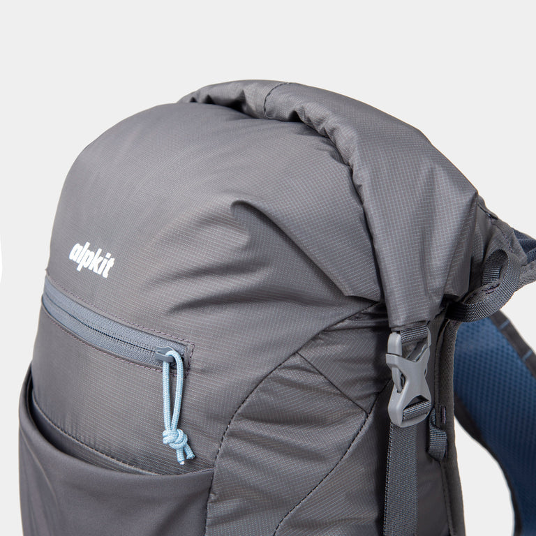 alpkit Idris 25L mountain marathon pack in dark grey roll top