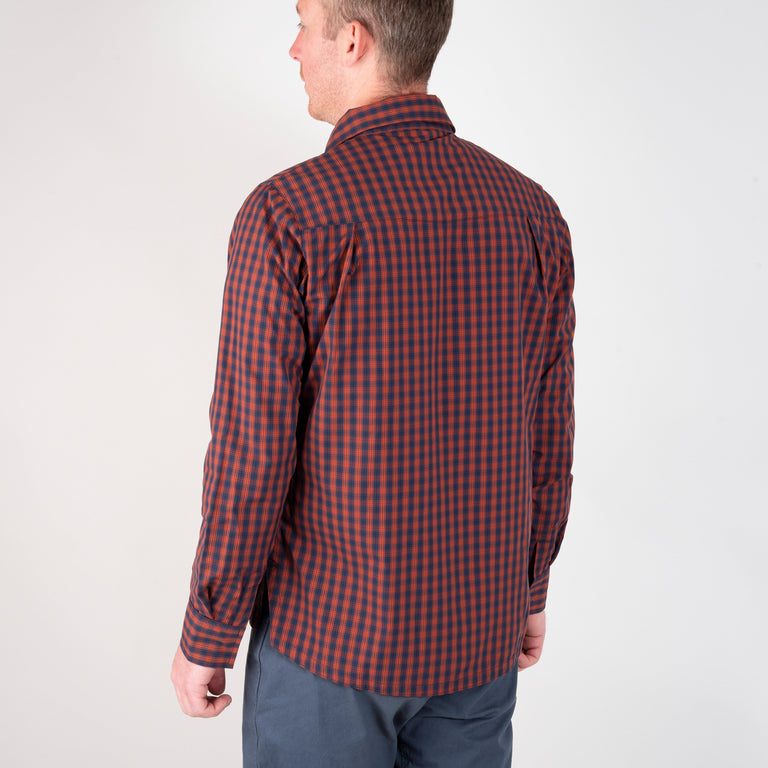 alpkit mens kana shirt for gravel riding in brick red back