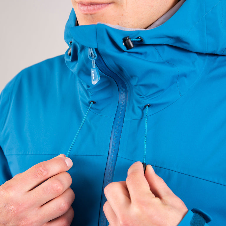 alpkit mens balance waterproof jacket in reef blue hood drawcord |sl