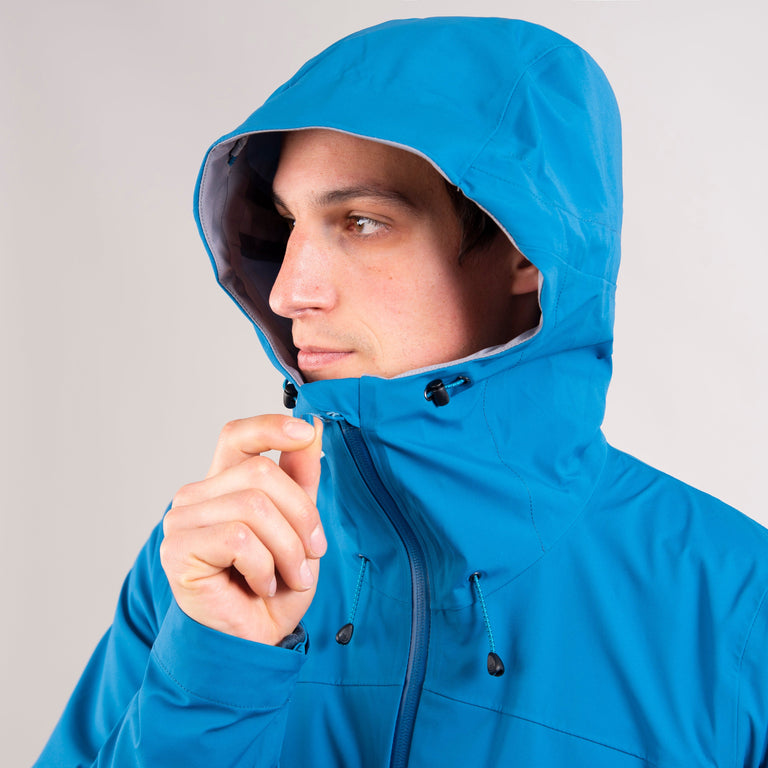 alpkit mens balance waterproof jacket in reef blue hood|sl