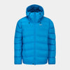 Blue puffer jacket on a light gray background - closed