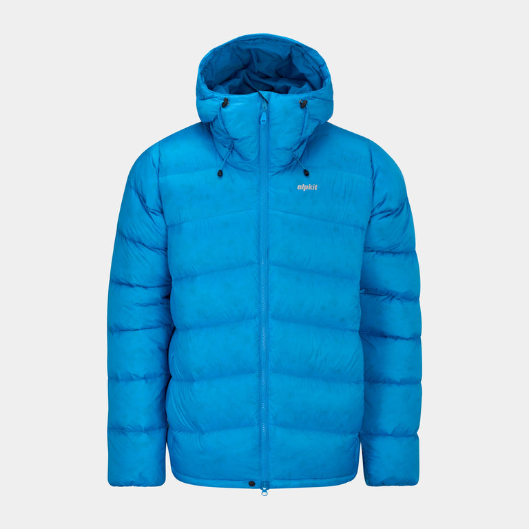Blue puffer jacket on a light gray background - closed