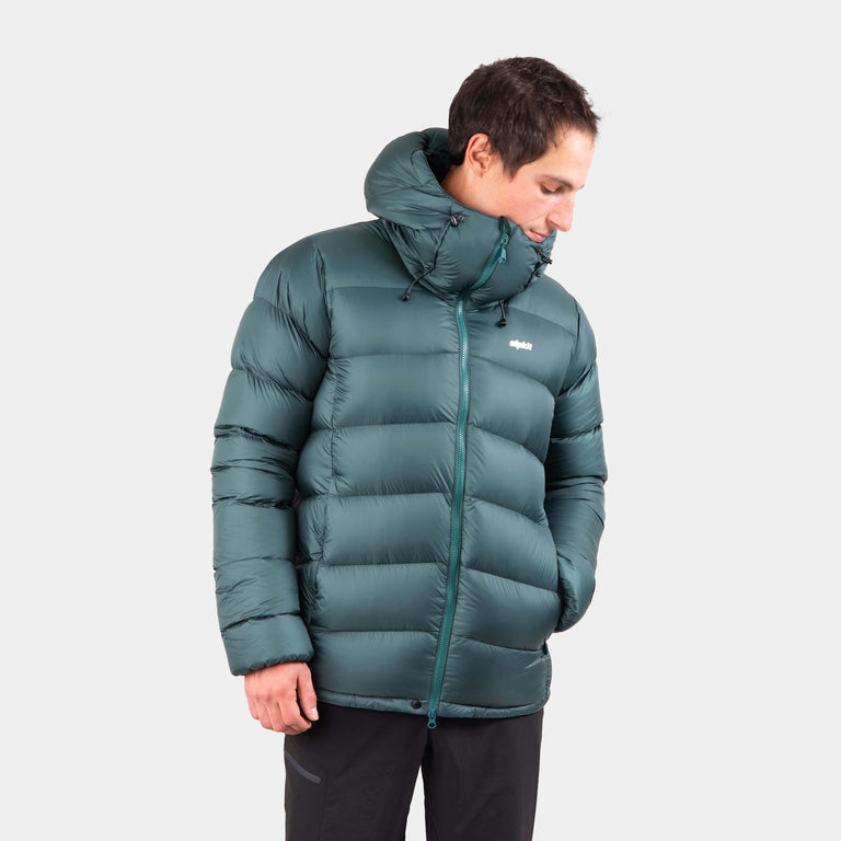 Alpkit mens Fantom hooded down jacket in forest green - closed