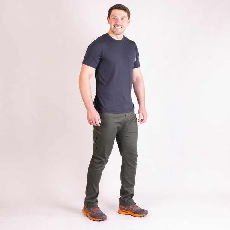 alpkit mens farne tee in tarmac grey outfit