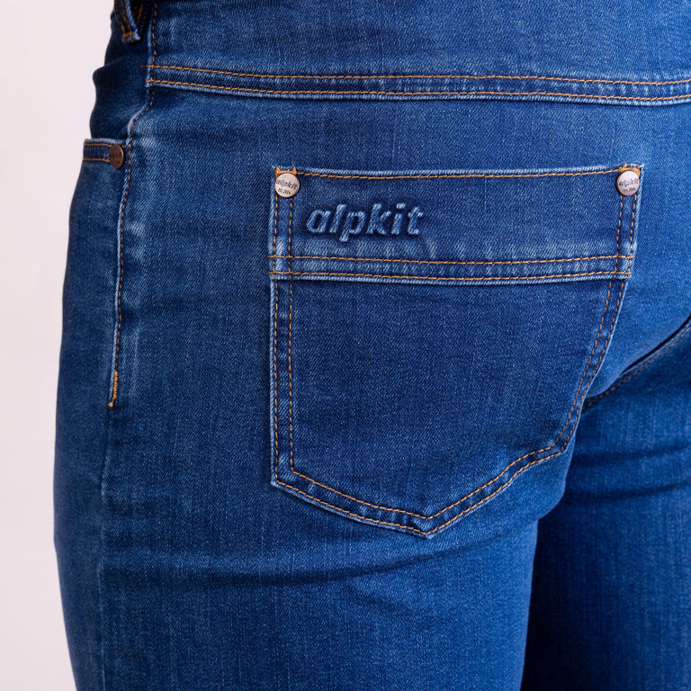 alpkit jeanius mens jeans in midwash blue logo