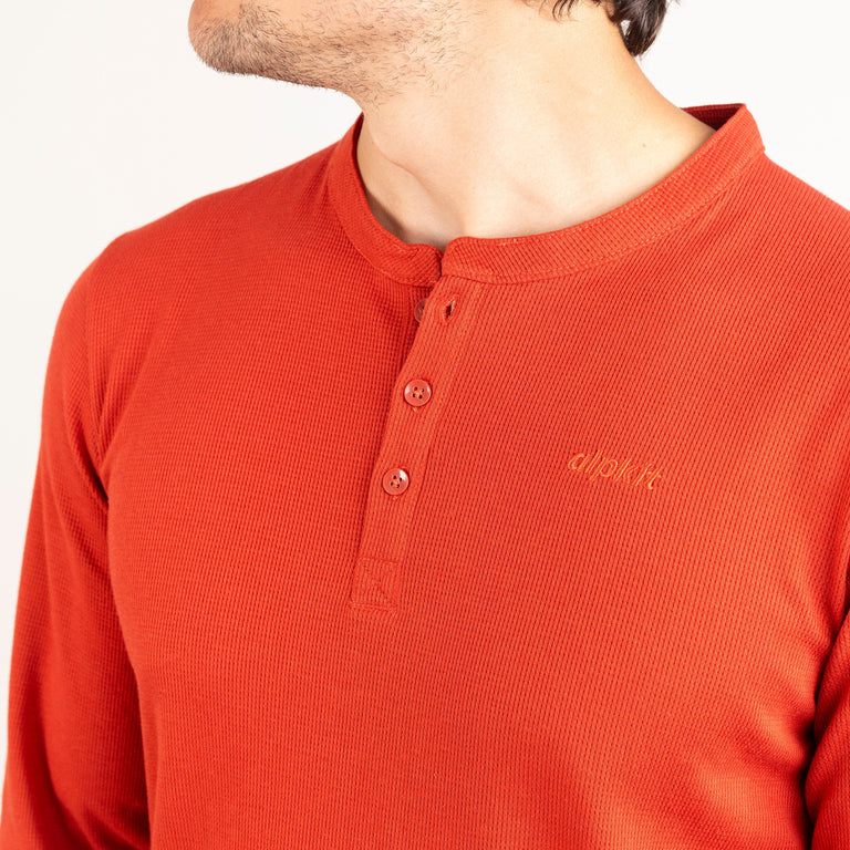 Alpkit mens rivo henley top in brick red collar