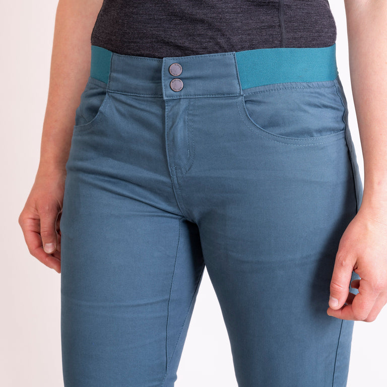 alpkit womens bloc pants in spruce blue front waistband 