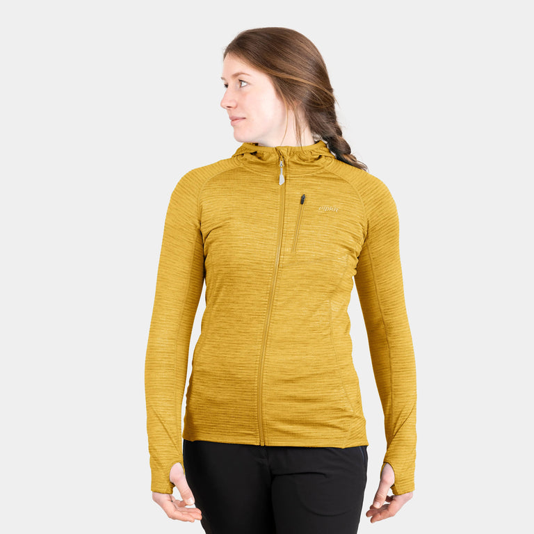 womens griffon hooded fleece in Colmans yellow - closed