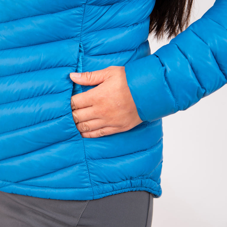 alpkit womens halogen ultralight down jacket in reef blue pockets 