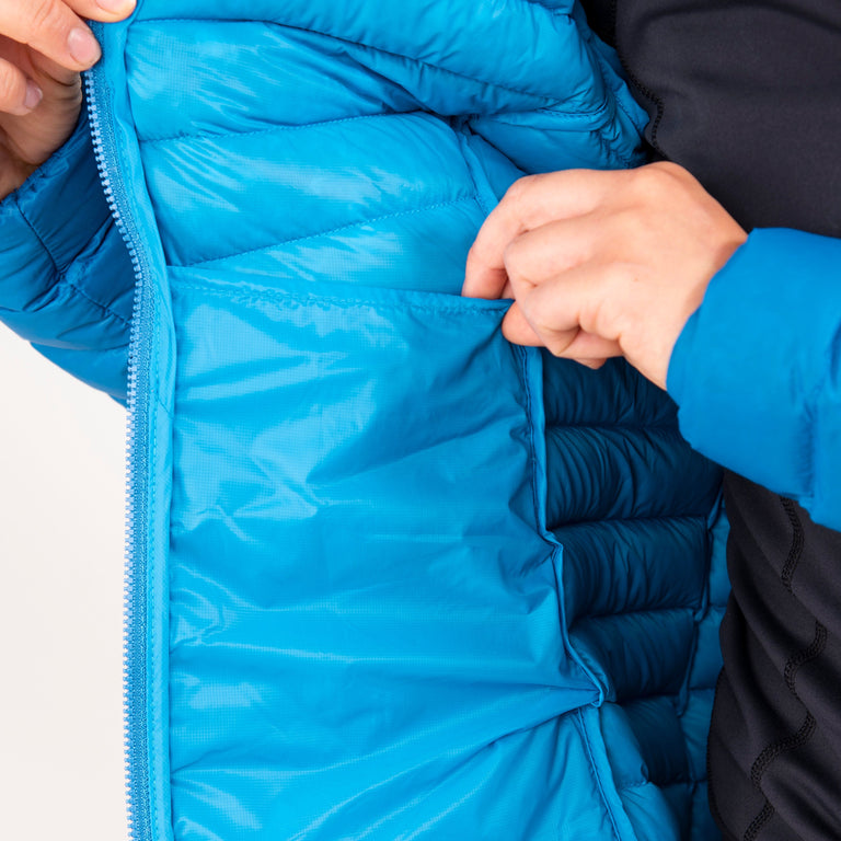 alpkit womens halogen ultralight down jacket in reef blue dump pockets 