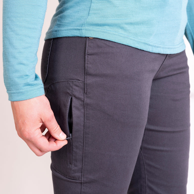 alpkit womens kraft trousers in outer tarmac grey pocket - closed