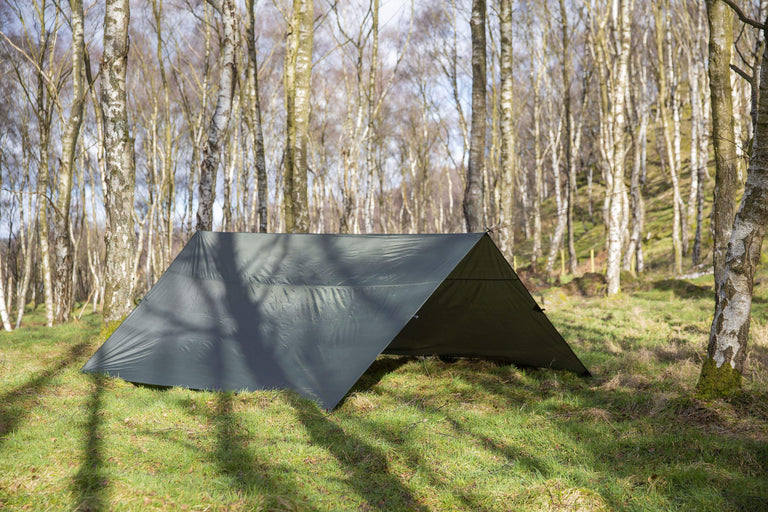 Alpkit 4 square tarp pitched - action - closed