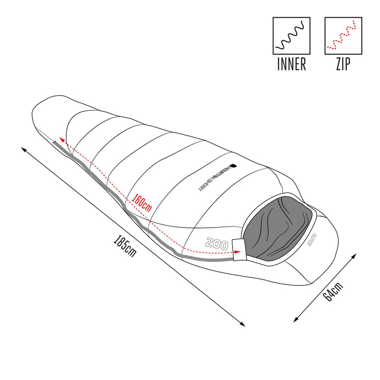 A diagram of the dimensions of a Mountain Ghost 200 synthetic 2 season sleeping bag