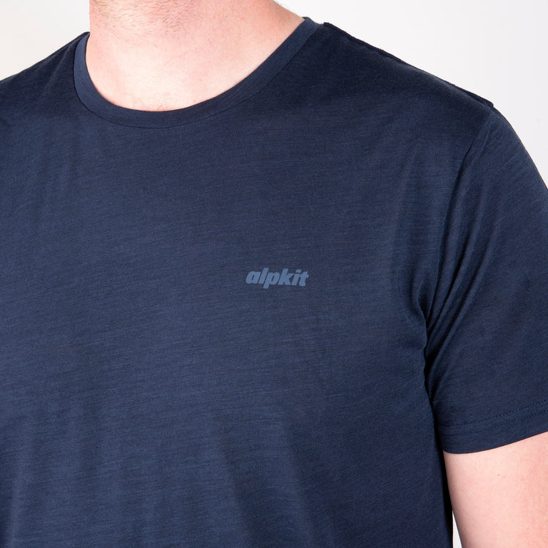 alpkit mens aztec short sleeve merino blen baselayer in outer space blue logo