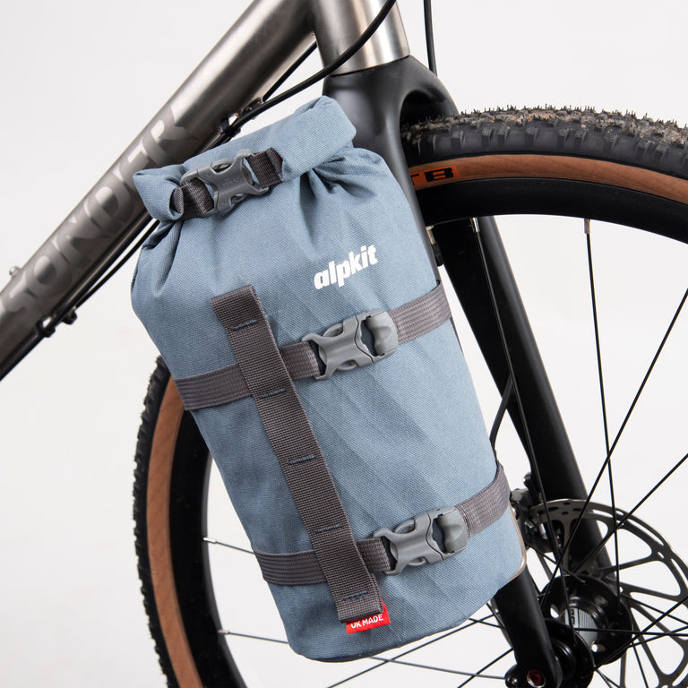 alpkit belongs fork cage bikepacking bag in storm grey side - closed