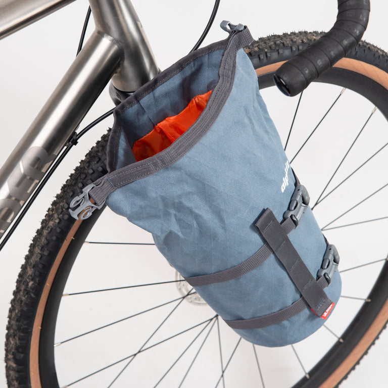 alpkit belongs fork cage bikepacking bag in storm grey open - closed